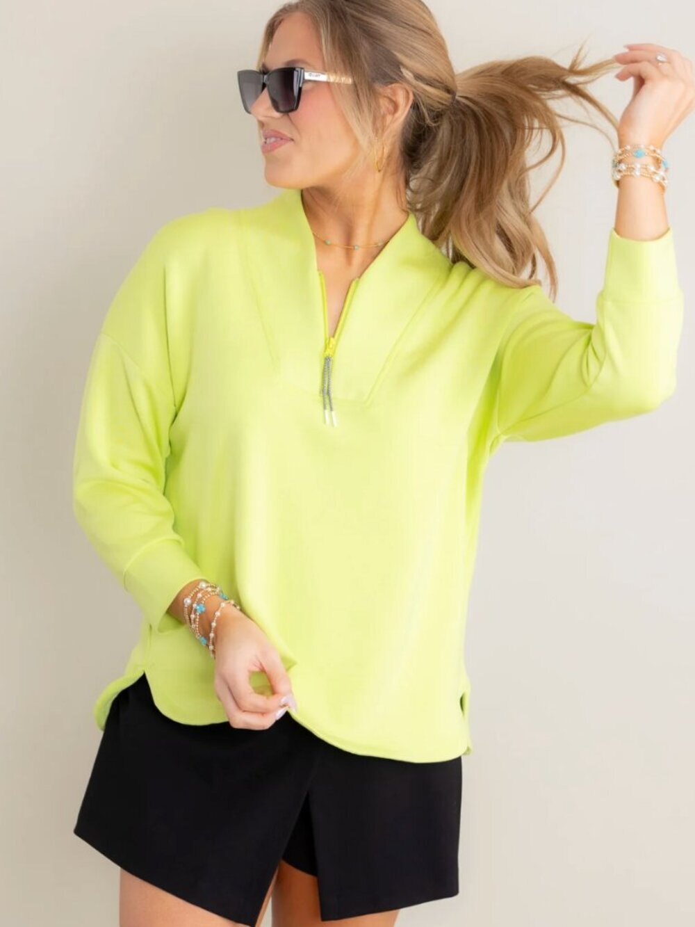 Tribal Sport Techno Lux Mock Neck Half Zip Long Sleeve Pullover Neon Green, M
